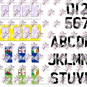 May include: A sheet of black and white stickers with the letters of the alphabet and numbers 0-9. The stickers are in a bold, blocky font. There are also small flags of the United Kingdom and Ireland.