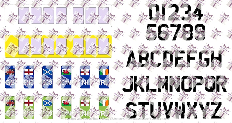 May include: A sheet of black and white stickers with the letters of the alphabet and numbers 0-9. The stickers are in a bold, blocky font. There are also small flags of the United Kingdom and Ireland.