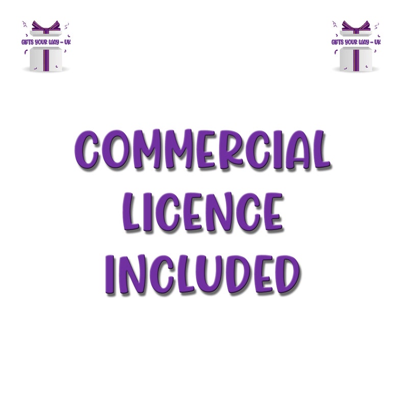Op de afbeelding: Paarse tekst op een witte achtergrond met de tekst "COMMERCIAL LICENCE INCLUDED". Twee paarse cadeaudozen met witte linten en de tekst "GIFTS YOUR WAY-UK" bevinden zich bovenaan de afbeelding.