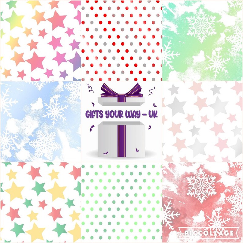 Op de afbeelding: Collage van negen verschillende cadeaupapierontwerpen. De ontwerpen omvatten sterren, stippen en sneeuwvlokken in verschillende kleuren. De middelste afbeelding toont een witte cadeaudoos met een paars lint en de tekst "Gifts Your Way - UK".
