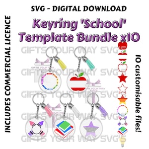 May include: A set of 10 customizable school-themed keyring templates. The templates feature a variety of designs, including an apple, a star, books, and crayons. The templates are perfect for creating personalized gifts for teachers, students, or anyone who loves school.