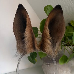 May include: A pair of tall, pointed animal ears attached to a clear plastic headband. The ears feature a blend of dark brown and tan faux fur, with darker tips and lighter, textured fur along the inner edges, creating a realistic appearance.