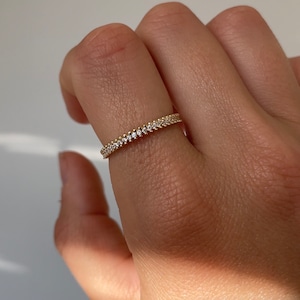 Dainty Thin Solid Gold Ring, 10k Real Gold Thin Ring, 1.5mm CZ Cubic Zirconia Minimalist Band, Eternity Bridal Wedding Anniversary Ring