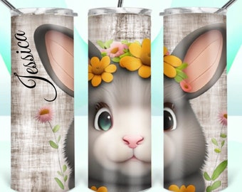 Bunny Tumbler With Straw And Lid, Personalized Bunny Tumbler, Gifts For Her, Floral 20 oz Tumbler, Rabbit Gifts For Women, Tumbler With Name