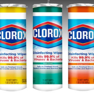 May include: Three blue and white Clorox Disinfecting Wipes canisters with yellow, green, and orange lids. Each canister has a different scent: Crisp Lemon, Fresh Scent, and Orange Fusion. Each canister contains 75 wet wipes and weighs 1 lb 3.7 oz (559 g).