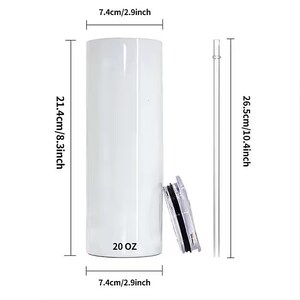 May include: White 20 ounce stainless steel tumbler with a lid and straw. The tumbler is 8.3 inches tall and 2.9 inches in diameter.