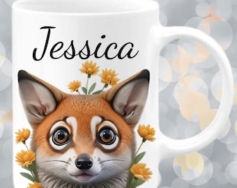 Personalized Fox Coffee Mug, Floral Fox Coffee Mug, Fox Mug With Name, Cute Fox Gift for Her, Birthday Gift for Her, Fox Coffee Mug