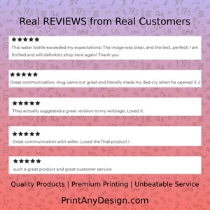 K&ouml;nnte beinhalten: F&uuml;nf-Sterne-Bewertungen von Kunden &uuml;ber eine Wasserflasche, eine Tasse und andere Produkte. Die Bewertungen heben die Qualit&auml;t der Produkte und den Kundenservice hervor. Der Text lautet "Real REVIEWS from Real Customers" und "Quality Products | Premium Printing | Unbeatable Service" und "PrintAnyDesign.com".