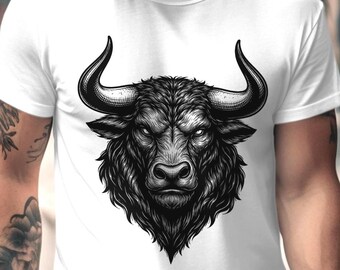 T-shirt à tête de taureau | T-shirt taureau pochoir noir | T-shirt graphique à tête de taureau style tatouage | Cadeau pour amateur de taureaux