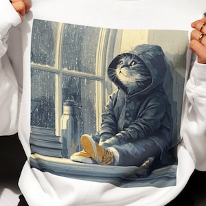 Rainy Day Cat Sweatshirt | Cozy Hoodie Cat Top for Book Lovers | Autumn Coffee Kitty Graphic Bella Canvas XS to 5XL