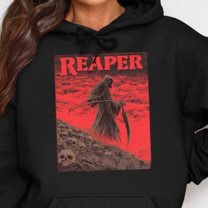 Reaper Graphic T-Shirt,Skull Sweatshirt,Grim Hoodie,Death Tank Top,Halloween Apparel,Dark Tee,Scary Shirt,Goth Clothing,Grim Reaper
