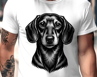 May include: White t-shirt featuring a detailed black and white illustration of a dachshund dog's face. The dog's fur is intricately rendered, and the design is centered on the shirt. The shirt is made of a soft material.