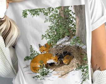 Fox Family Den Shirt | Woodland Fox Nature Tee | Vintage Forest Animal Lover Top | Cute Wildlife Graphic T-Shirt for Nature Fans