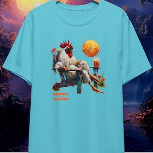 Funny Rooster T-Shirt| Baddest Clucker Rooster Shirt| Barnyard Boss Tee, Farm Animal Gift, Retro Sunset Graphic, Sarcastic Apparel.