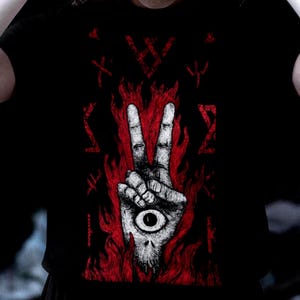 Satanic Symbol Shirt | Occult Peace Hand T-Shirt | Gothic Sigil Apparel | Dark Ritual Flame Tee | Bella Canvas XS to 5XL