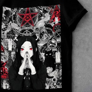 Japanese Anime Occult Shirt | Dark Magic Goth Girl Tee | Satanic Manga Graphic | Red Eye Demoncore Aesthetic Apparel
