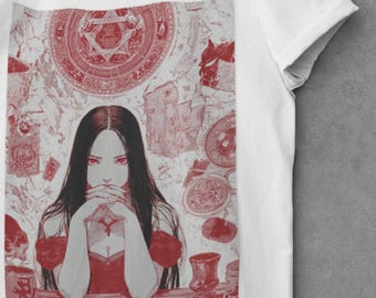 Anime Witchcore Shirt | Occult Gothic Girl Tee | Dark Magical Aesthetic T-Shirt | Red Pentagram Graphic | Soft Grunge Apparel