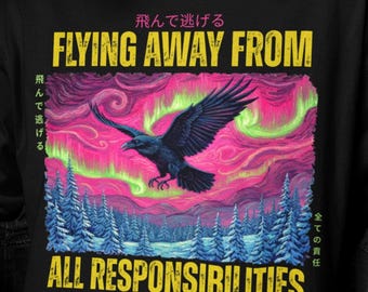 Japanese Raven Horror Shirt | Funny Black Bird Japan Tee | Flying Away From All Responsibilities T-Shirt