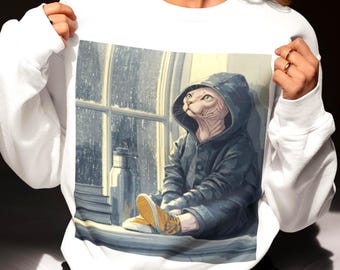 Sphynx Cat Rainy Day Sweatshirt | Cozy Hoodie Sphynx Cat Shirt | Autumn Hairless Kitty Wearing a Hoodie | Gift for Sphynx Cat Owner