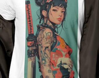 Camiseta de chica samurái tatuada / Camiseta gráfica de guerrero anime ciberpunk / Ropa de luchadora con katana ruda / Bella Canvas (tallas S a 3XL)