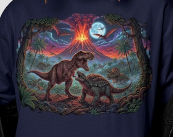 Vintage 90s Dinosaur Graphic T-Shirt | Retro T Rex and Triceratops Volcano Scene | Prehistoric Dino Art Shirt | Nostalgic Jurassic Gift