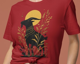 ヤギシャツ | オカルトネイチャーグラフィックTシャツ | 異教ヤギムーンTシャツ | ダークフォークホラー美学 | XS～5XL