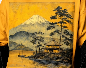 Camiseta vintage con paisaje japonés / Camiseta gráfica con el monte Fuji y una casa tradicional / Camiseta con arte natural ukiyo-e