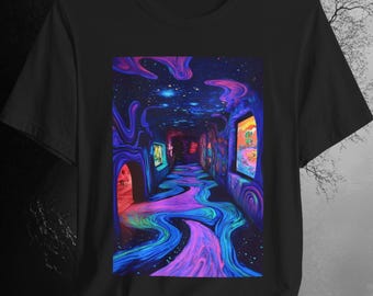 Lucid Flow Hallway T-Shirt | Trippy Apparel | Psychedelic Neon Dream Path, Surreal Glow Art | Bella Canvas Shirt XS to 5XL