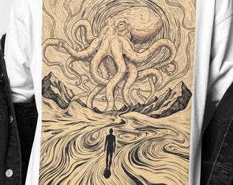 Trippy Octopus psychedelisch T-shirt | Surrealistisch T-shirt met kosmisch wezen | Cadeau existentiële kunst | Uniek cadeau-shirt