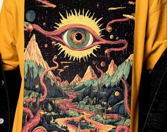 Watcher of Realms T-Shirt | Psychedelic Apparel | Surreal Cosmic Eye Landscape, Trippy Tentacle Sky