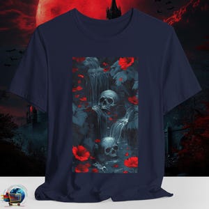 Gothic Skull Waterfall Shirt | Macabre Floral Skull Tee | Red Flower Horror T-Shirt | Gift for Gothic Lover | PlusSize Bella Canvas Shirt