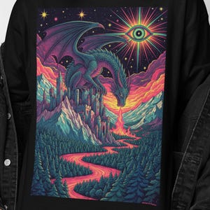 May include: Black long-sleeve shirt featuring a vibrant fantasy art print. The design includes a dragon perched atop a castle, a river of lava, and a celestial eye in a colorful sky. The artwork is detailed and eye-catching.