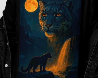Könnte beinhalten: Schwarzes T-Shirt mit einer detaillierten Illustration eines Schneeleoparden unter einem Vollmond. Das Kunstwerk zeigt einen Wasserfall und die Silhouette eines zweiten Leoparden. Die Augen des Leoparden leuchten orangefarben vor dem dunklen Hintergrund.