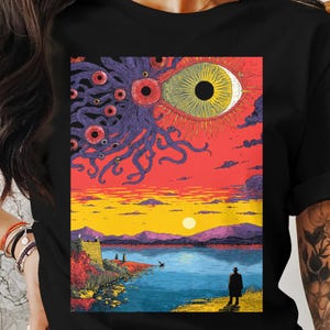Trippy Sunset Vision Shirt | Psychedelic Cosmic Eye Landscape Tee | Surreal Dreamscape Graphic | Bella Canvas XS to 5XL
