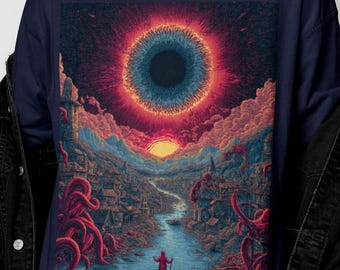 Surreal Eye Art Shirt | Dark Fantasy City Graphic Tee Men | Cosmic Apocalypse Sci-Fi Illustration Shirt