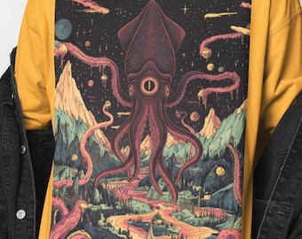 Giant Squid Cosmic Horror Shirt | Surreal Squid Graphic Tee | Psychedelic Sea Monster