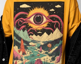 Surreales Weirdcore Shirt | Psychedelic Grafik Shirt Männer | Abgefahrene kosmische Kunst | Festival-Kleidung