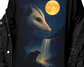 May include: Black long-sleeve shirt featuring a detailed illustration of an opossum under a full moon. The artwork includes a waterfall and a silhouette of a bear. The design is set against a dark blue night sky.