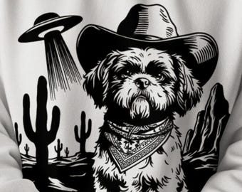 Shih Tzu UFO Shirt, Vintage Western Cowboy Shih Tzu Dog Tee, Retro Alien Shih Tzu Top, Gift for Shihtzu Mom Dad, Funny Shih Tzu
