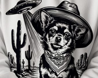 Chihuahua UFO Shirt, Vintage Western Cowboy Chihuahua Dog Tee, Retro Alien Chihuahua Top, Gift for Chi Mom Dad, Funny Pocket Pup