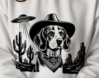 Beagle UFO Shirt, Vintage Western Cowboy Beagle Dog Tee, Retro Alien Beagle Top, Gift for Beagie Mom Dad, Funny Beagle