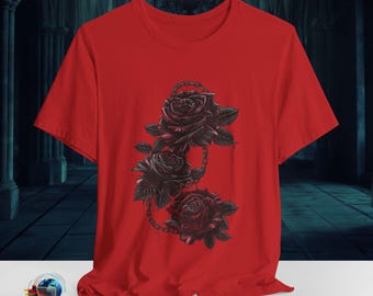 ダークチェーンの赤いバラTシャツ｜ゴシックローズトリオTシャツ