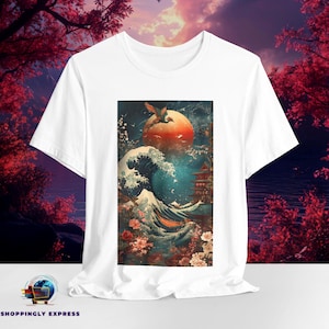 Camiseta con paisaje del antiguo Japón / Camiseta con arte de flor de cerezo y olas / Prenda estética tradicional japonesa / Lona suave Bella (tallas S a 3XL)