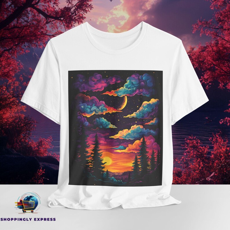 Psychedelic Forest Sky Tee | Trippy Sunset, Colorful Dreamscape (Bella Canva) image 3