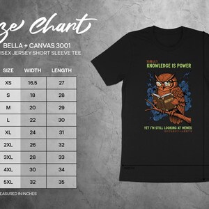 BELLA+CANVAS 3001 size chart for unisex jersey t-shirts with owl graphic.