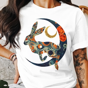 Celestial Rabbit Moon T-Shirt | Psychedelic Lunar Bunny Graphic Tee | Cosmic Animal Spiritual Top