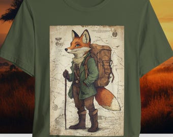 Vintage Fox Adventurer Shirt | Woodland Animal Tee Shirt | Fantasy Forest Explorer Apparel | Hiking Nature Lover Graphic Tee | Bella Canvas