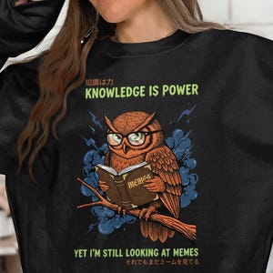 Owl wearing glasses reads book with "KNOWLEDGE IS POWER" and "MEMES" text.