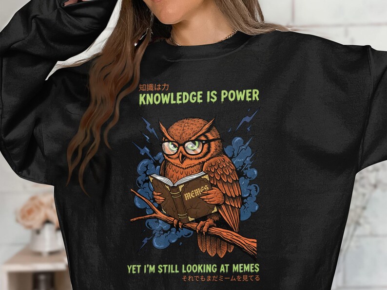 Owl wearing glasses reads book with "KNOWLEDGE IS POWER" and "MEMES" text.
