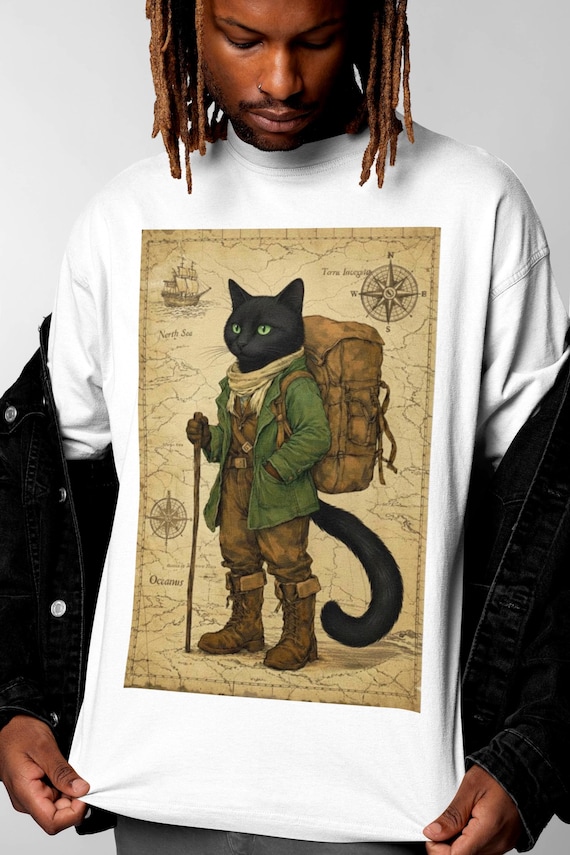 Black Cat Explorer Shirt | Adventure Cat Graphic Tee | Hiking